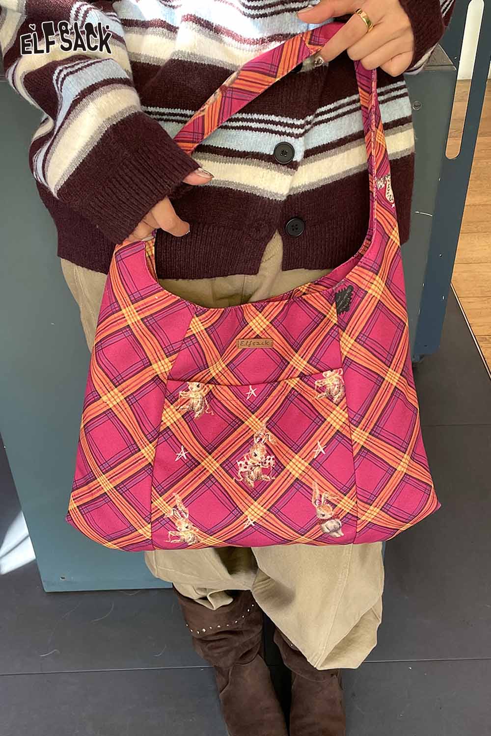 ELFSACK canvas cartoon rabbit tote bag in vibrant plaid pattern, perfect for casual outings
