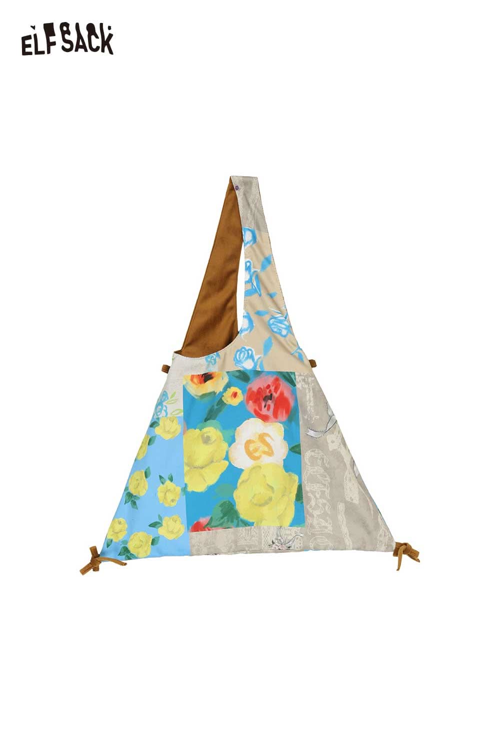 ELFSACK canvas color block tote bag featuring a floral design and unique color combinations