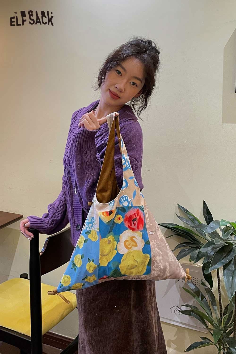 ELFSACK canvas color block tote bag featuring vibrant floral designs and stylish shoulder strap