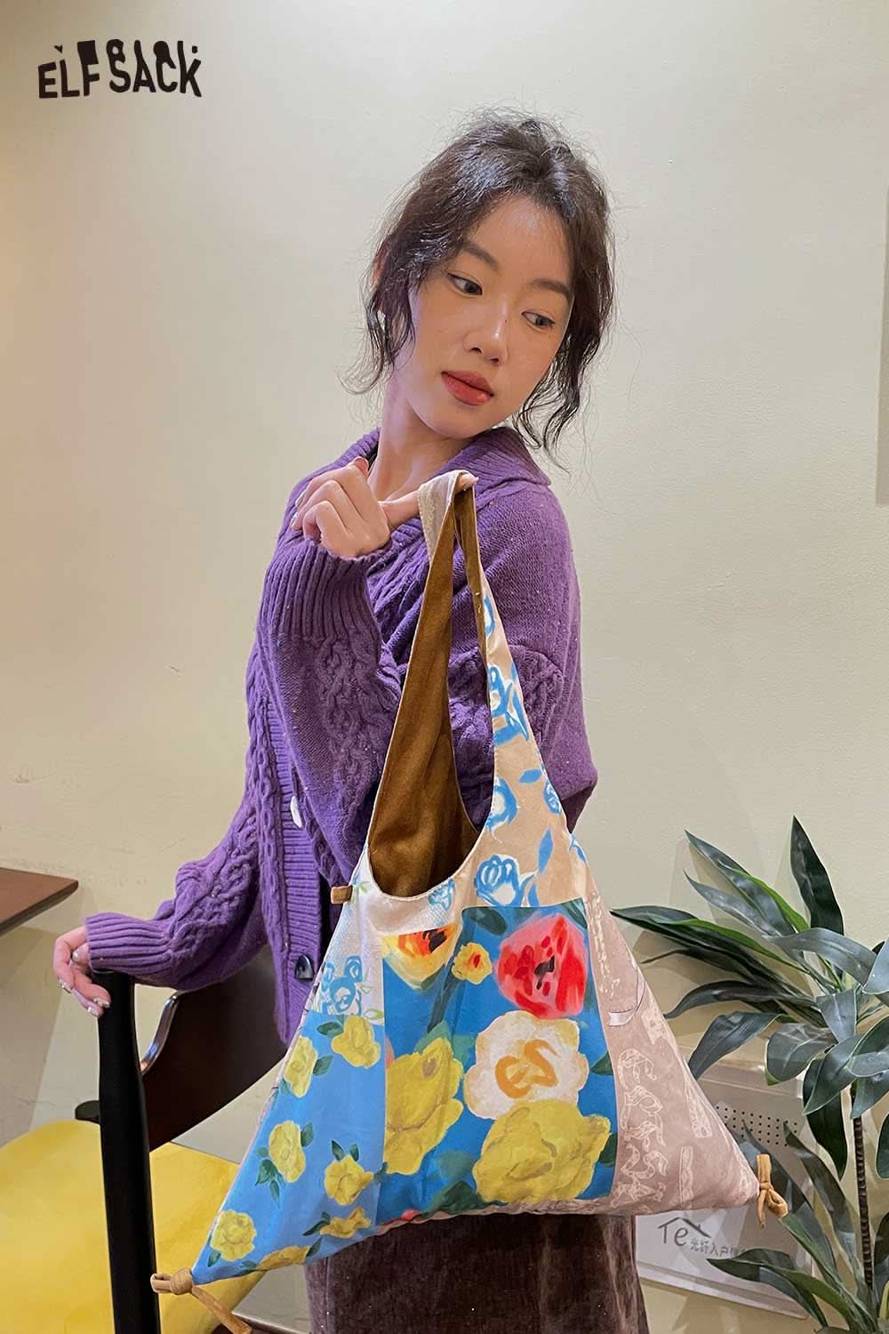 ELFSACK canvas color block tote bag featuring vibrant floral patterns and a stylish design