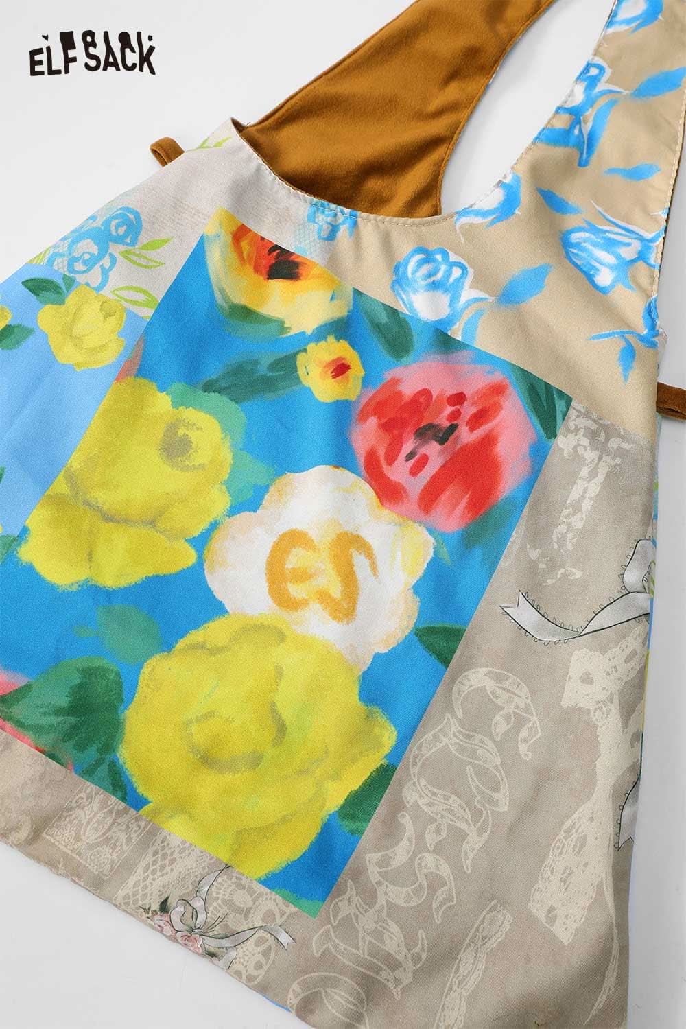 
                  
                    ELFSACK canvas color block tote bag featuring vibrant floral designs perfect for daily use
                  
                