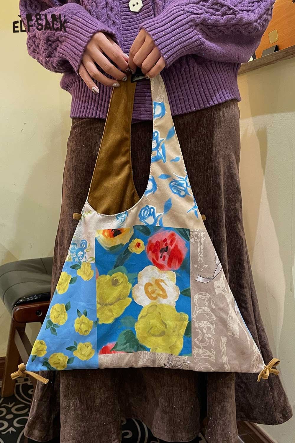 ELFSACK canvas color block tote bag with floral design and unique shape for stylish everyday use