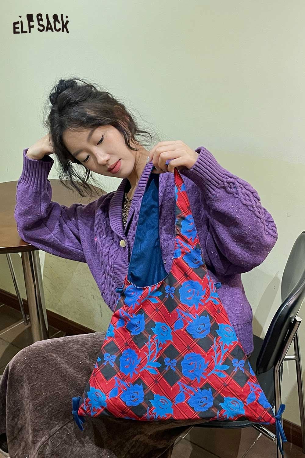 Fashionable ELFSACK canvas color block tote bag with vibrant floral design and versatile style