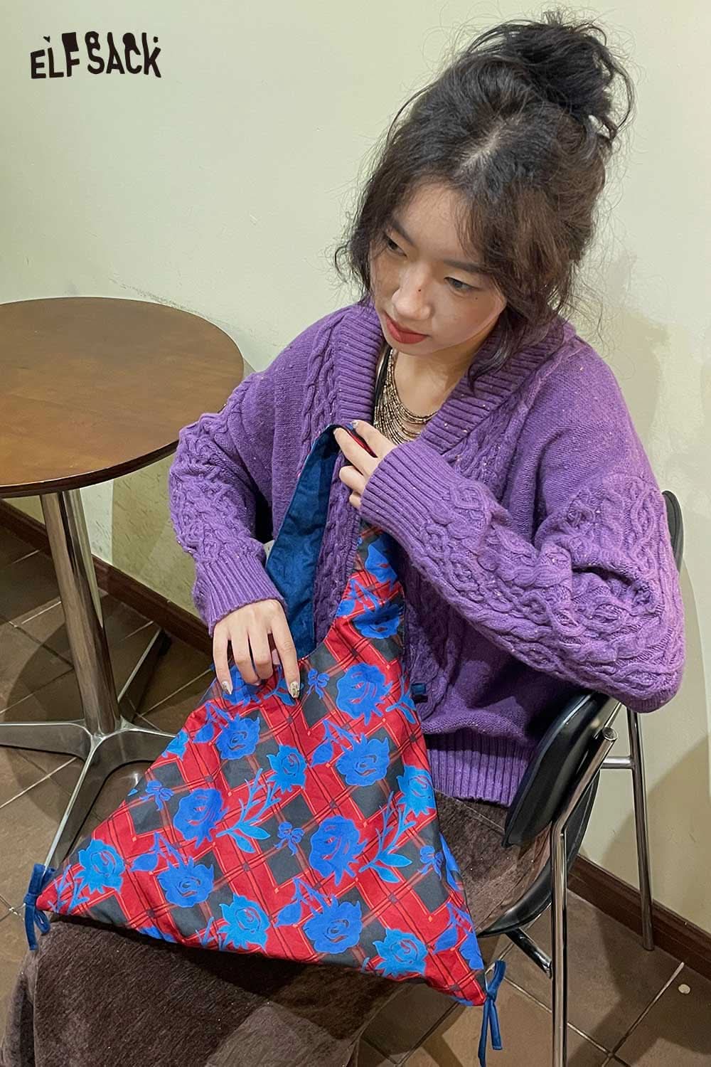 ELFSACK canvas color block tote bag in vibrant red and blue floral design, perfect for stylish everyday use