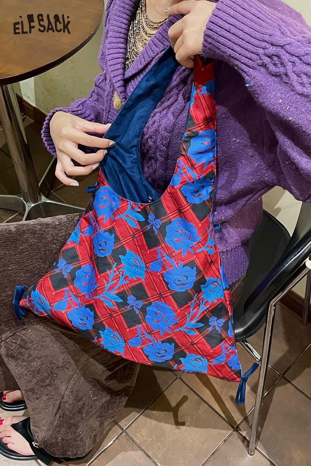 ELFSACK canvas color block tote bag featuring vibrant floral patterns and a comfortable design