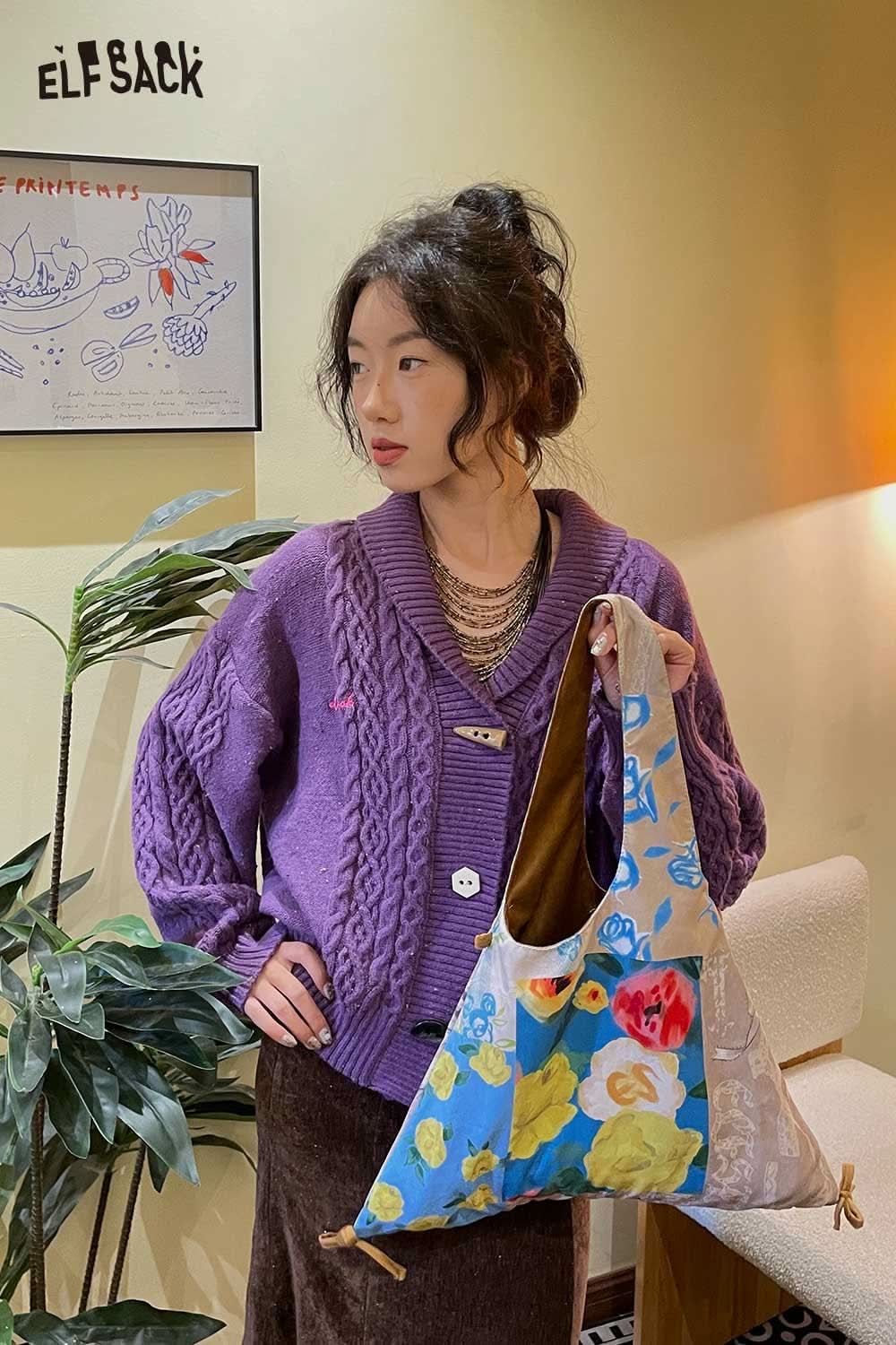 ELFSACK canvas color block tote bag featuring vibrant floral patterns and a stylish design