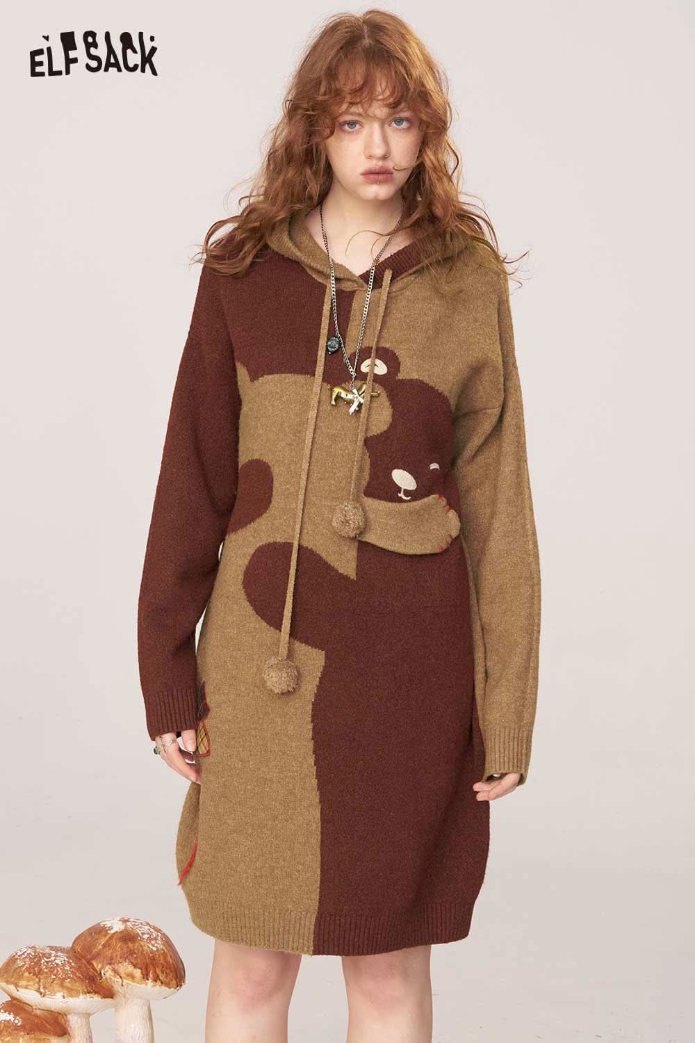 ELFSACK cartoon bear sweater dress with a playful bear design and cozy hood for a casual look.