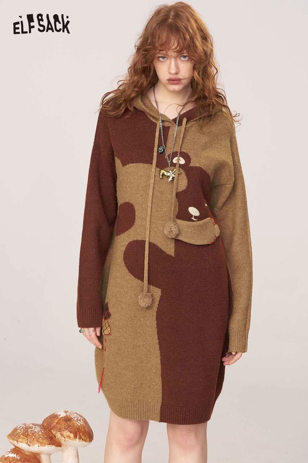 ELFSACK cartoon bear sweater dress in brown tones with a cozy, oversized fit and playful design