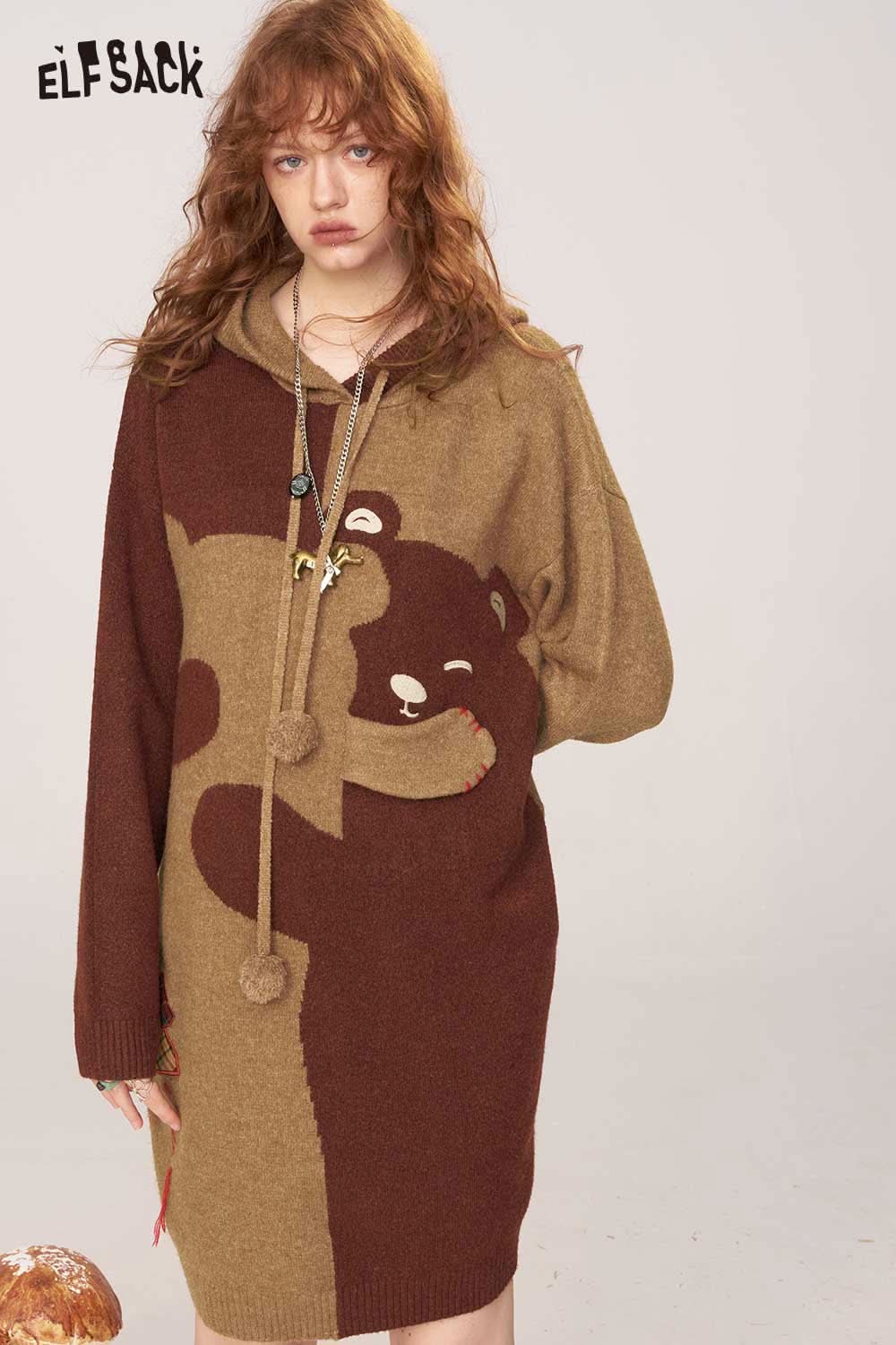 ELFSACK cartoon bear sweater dress in brown with a cozy hood and playful bear design