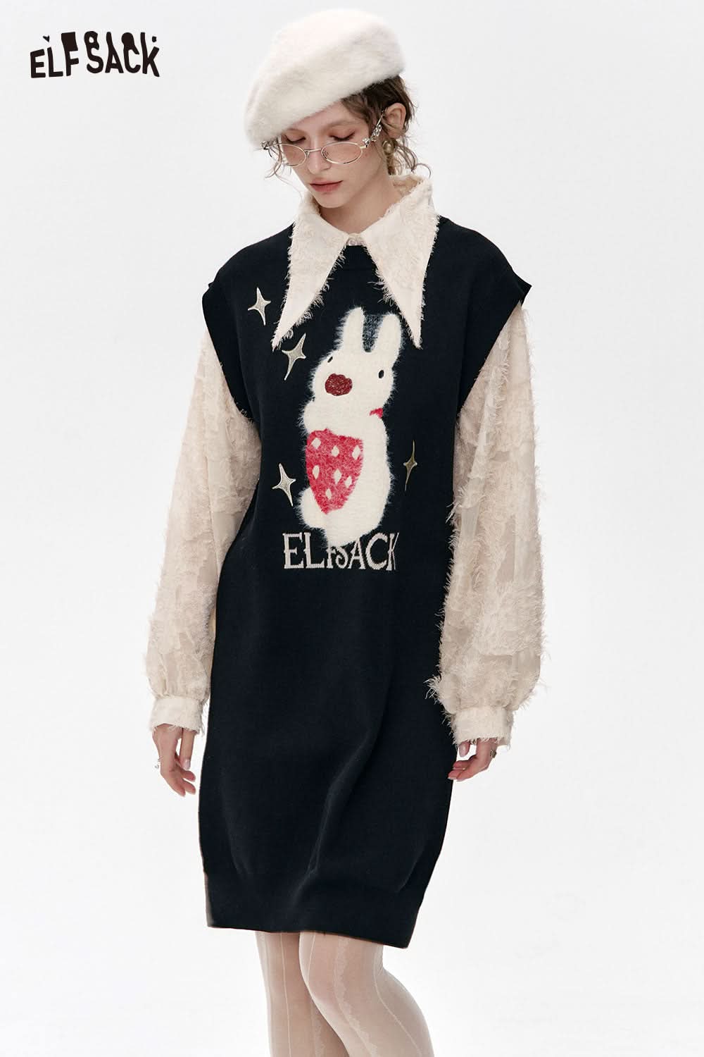 ELFSACK cartoon bunny embroidery dress with a playful bunny design and comfortable fit