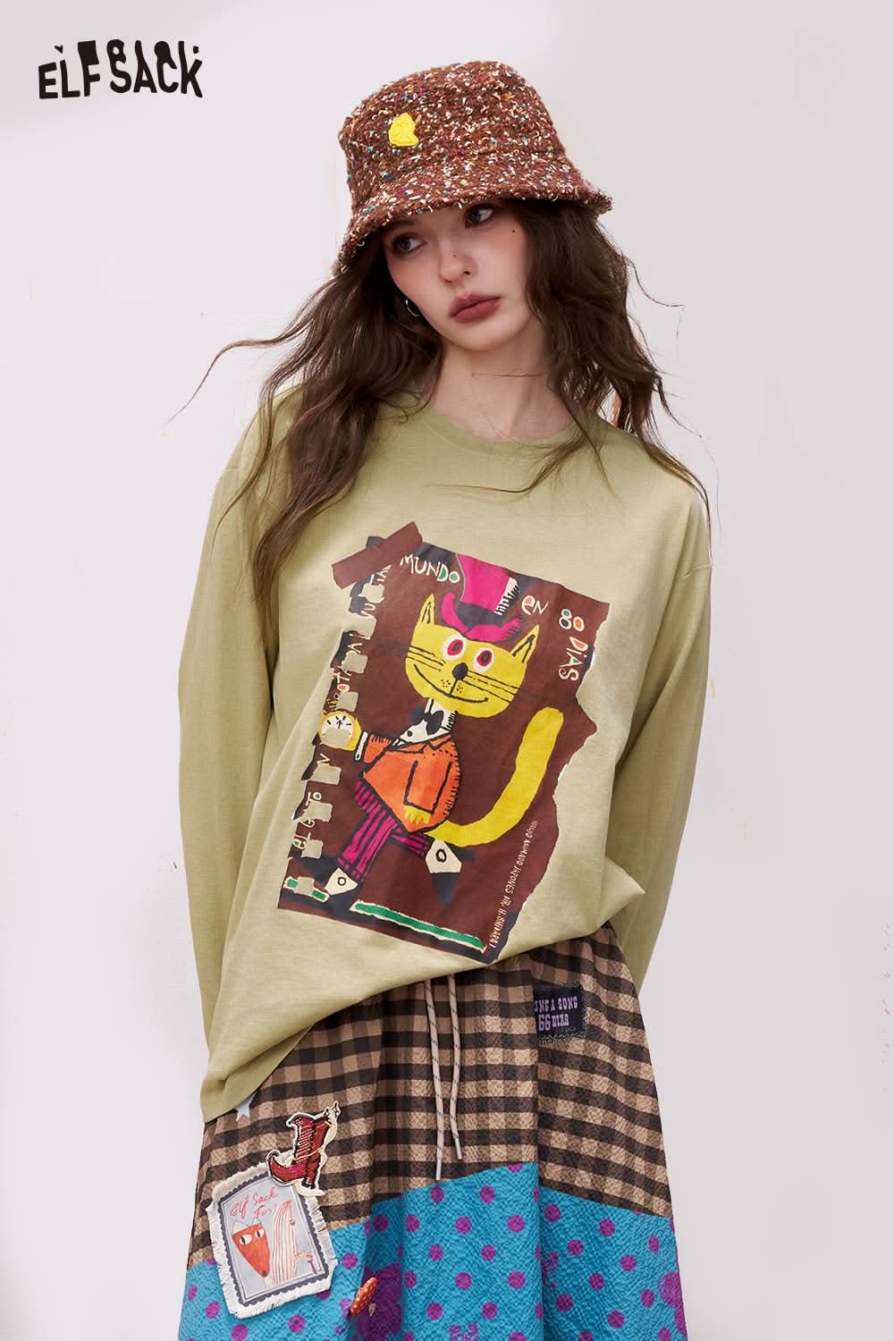 ELFSACK Cartoon Cat Print Long Sleeve Tee