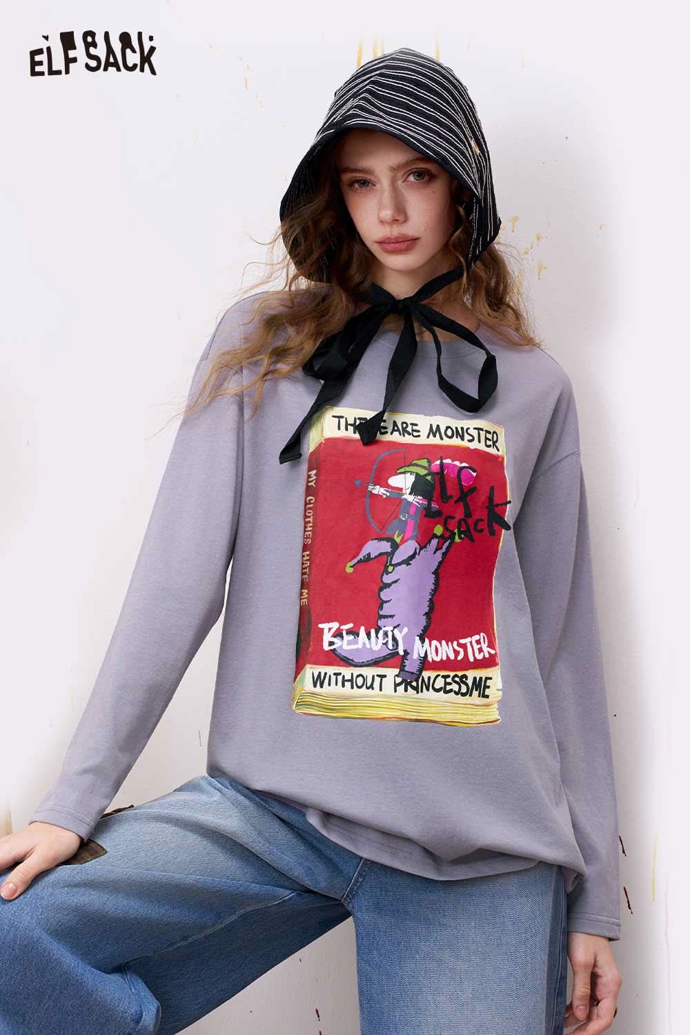 ELFSACK Cartoon Cat Print Long Sleeve Tee