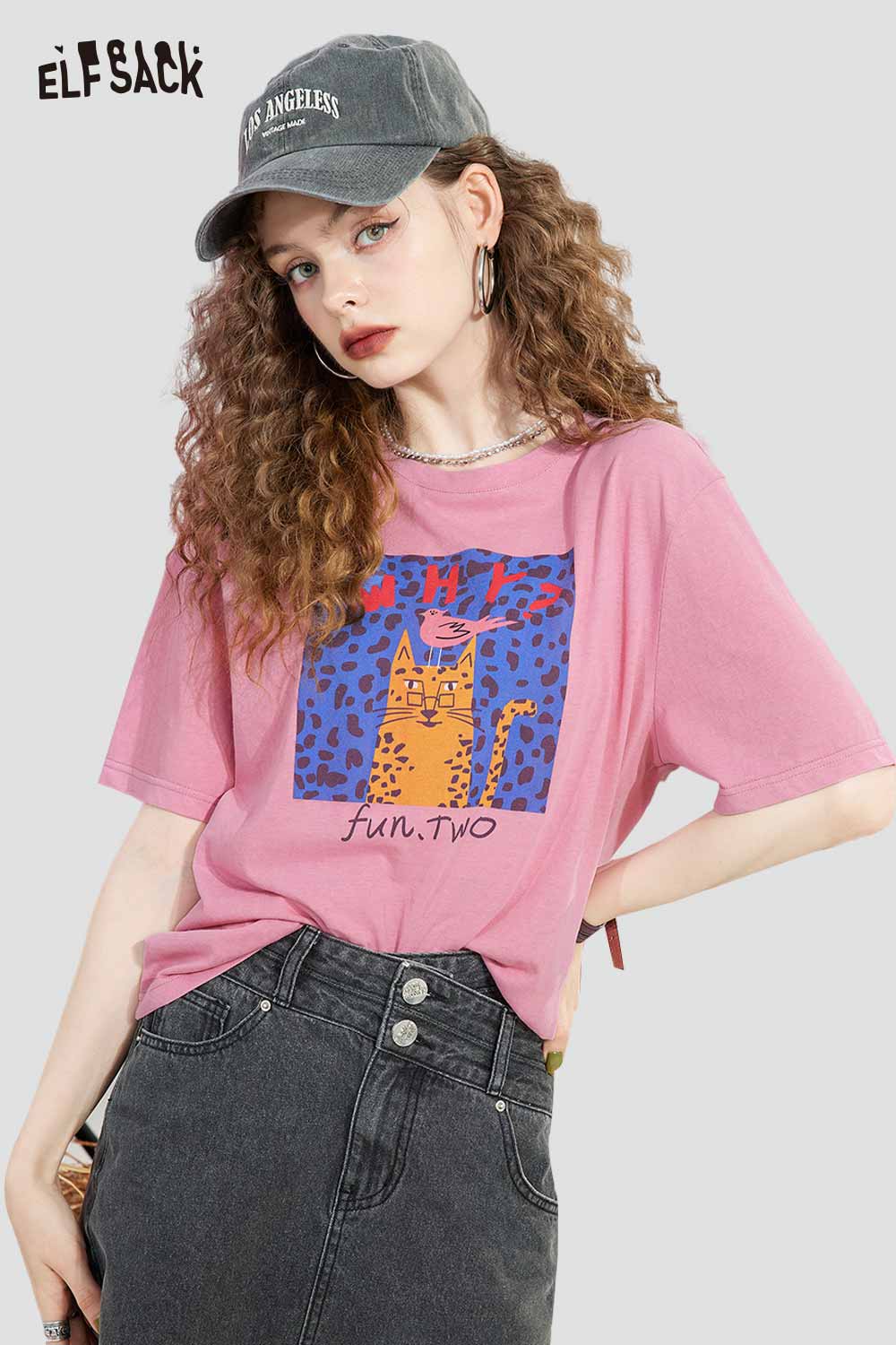 ELFSACK Cartoon Cat Print T Shirt