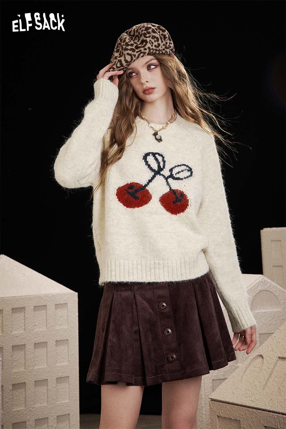 ELFSACK cartoon cherry print sweater in cream with cozy knit fabric and playful cherry design