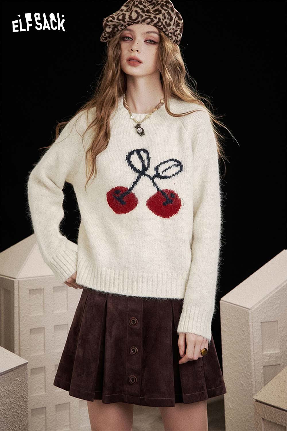 ELFSACK cartoon cherry print sweater with a cozy design and soft fabric, perfect for casual outfits