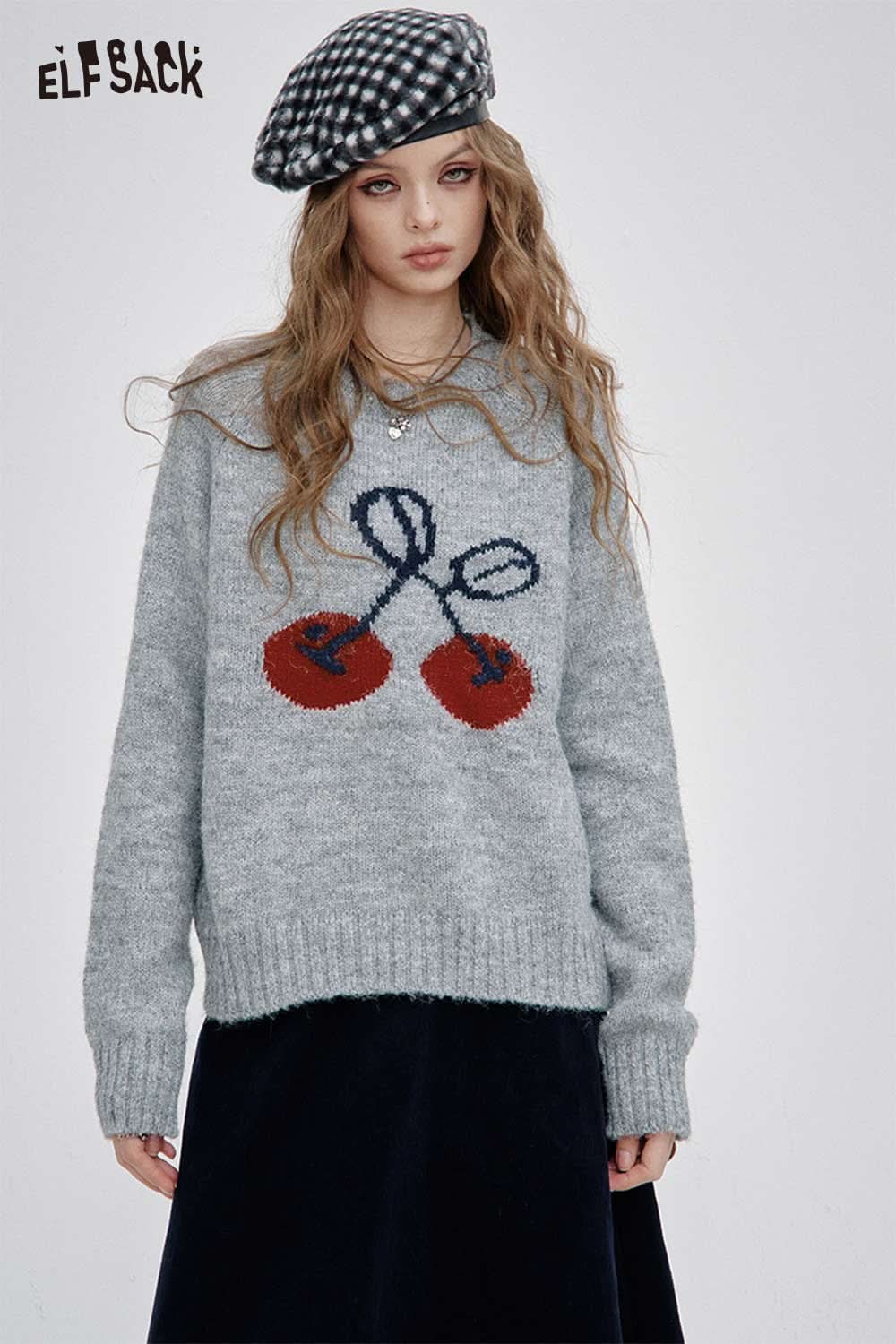 Gray ELFSACK cartoon cherry print sweater featuring a playful cherry design on the front