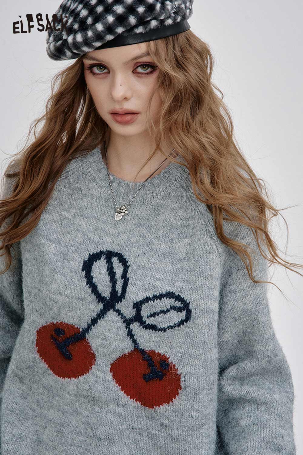 ELFSACK cartoon cherry print sweater in gray featuring a playful cherry design