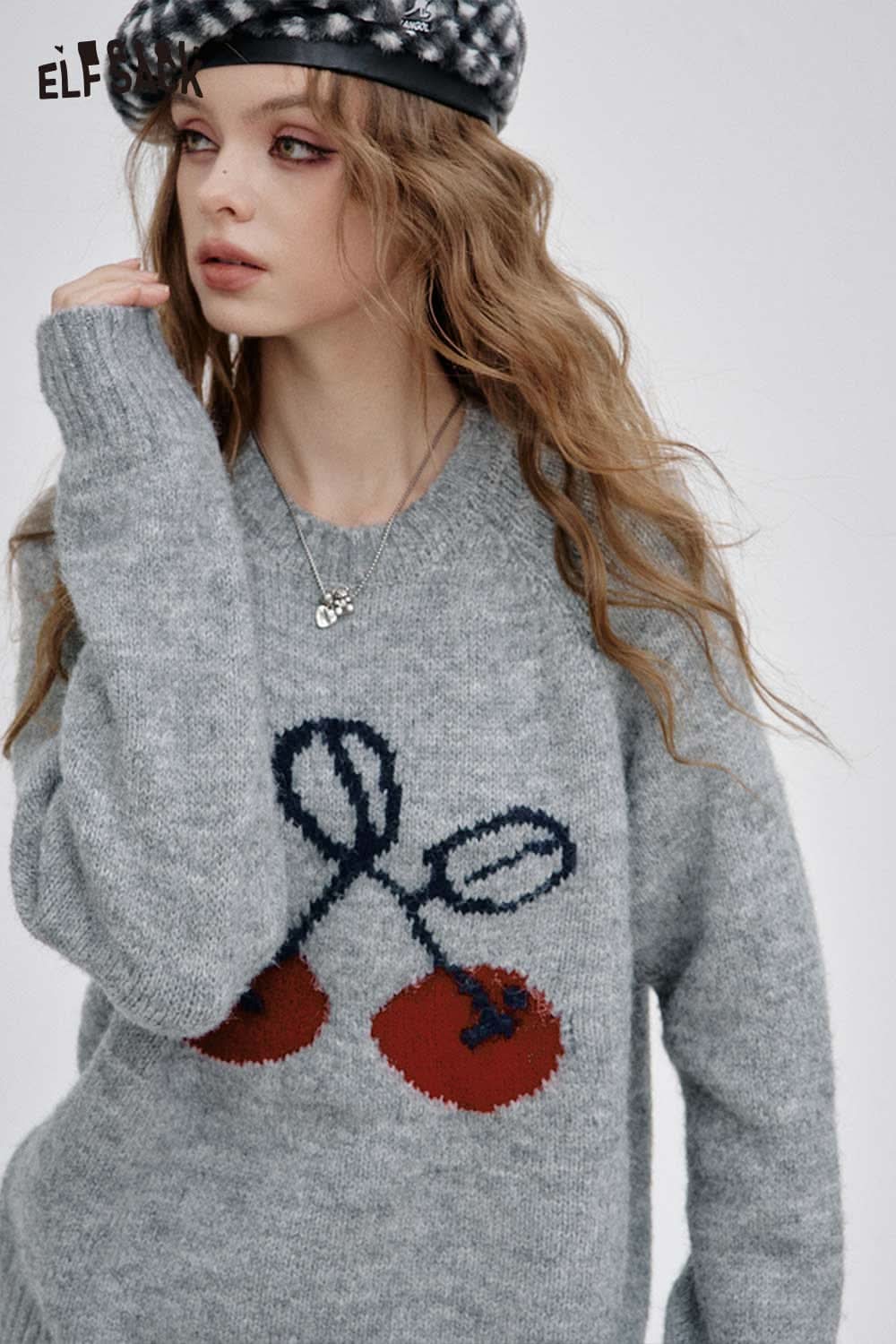 ELFSACK cartoon cherry print sweater in grey with playful cherry design and relaxed fit