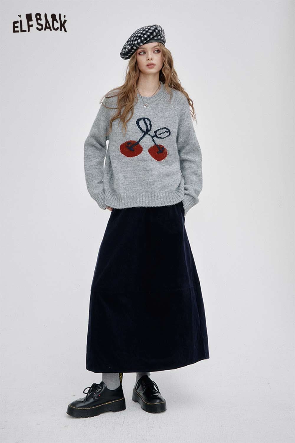 ELFSACK cartoon cherry print sweater in grey with bold red cherry design, styled with a long skirt