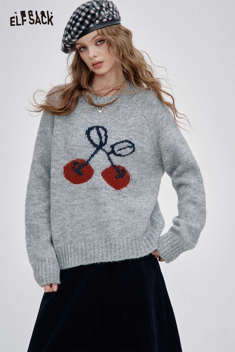 ELFSACK cartoon cherry print sweater in gray featuring a playful cherry design on the front