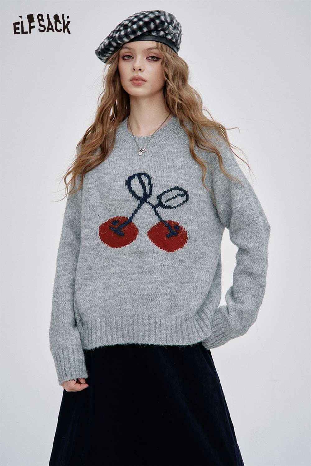 ELFSACK gray cartoon cherry print sweater featuring a playful cherry design on the front