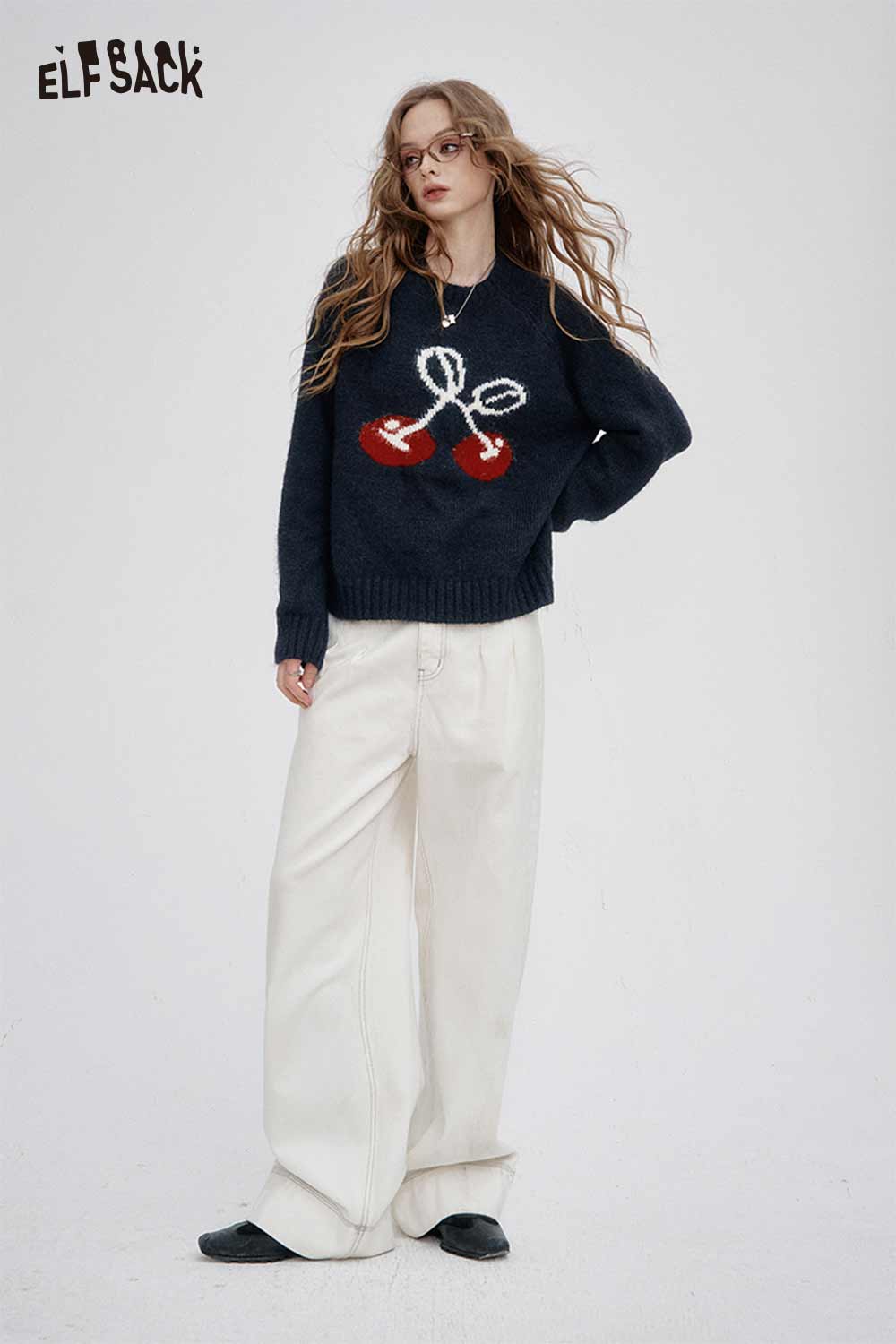 Cartoon cherry print sweater in navy with playful cherry design, perfect for casual wear