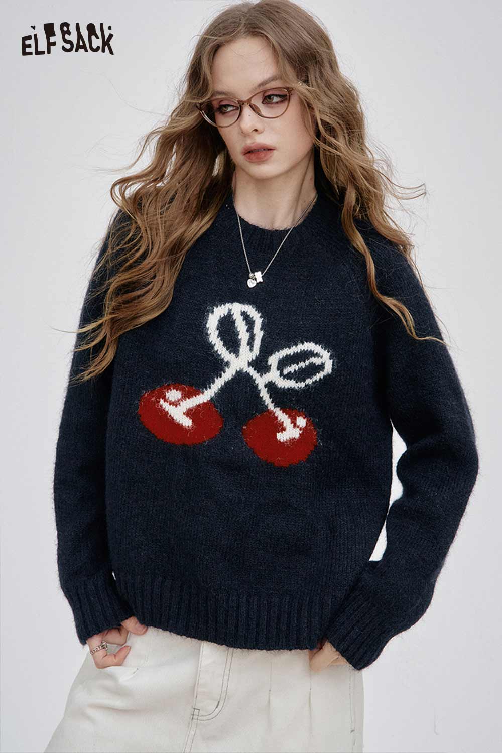 ELFSACK cartoon cherry print sweater in navy with bright cherry design, perfect for stylish casual wear