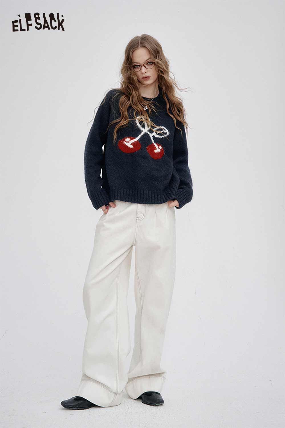 ELFSACK cartoon cherry print sweater in navy with a vibrant cherry design, perfect for casual styling