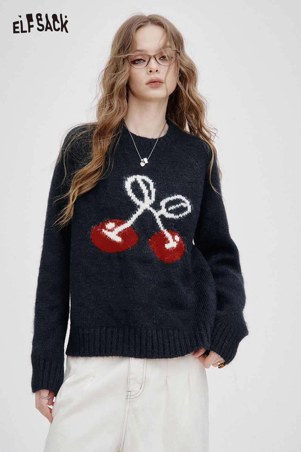 ELFSACK cartoon cherry print sweater in navy with vibrant cherry graphics for stylish casual wear