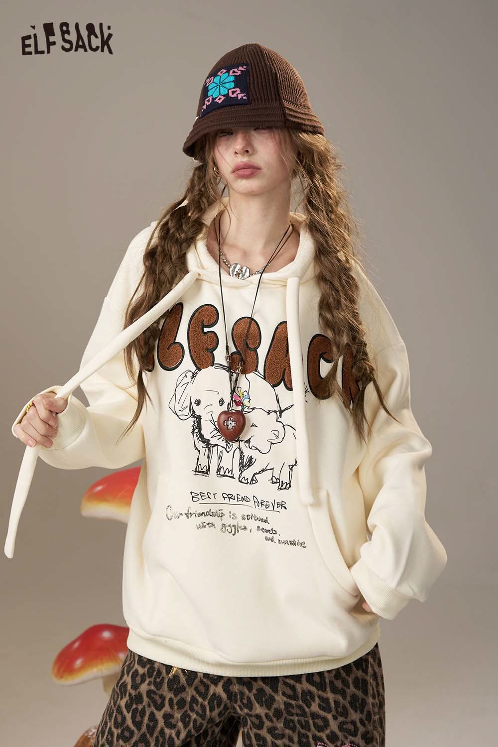 ELFSACK cartoon elephant hooded sweatshirt with playful graphics and relaxed fit for casual wear
