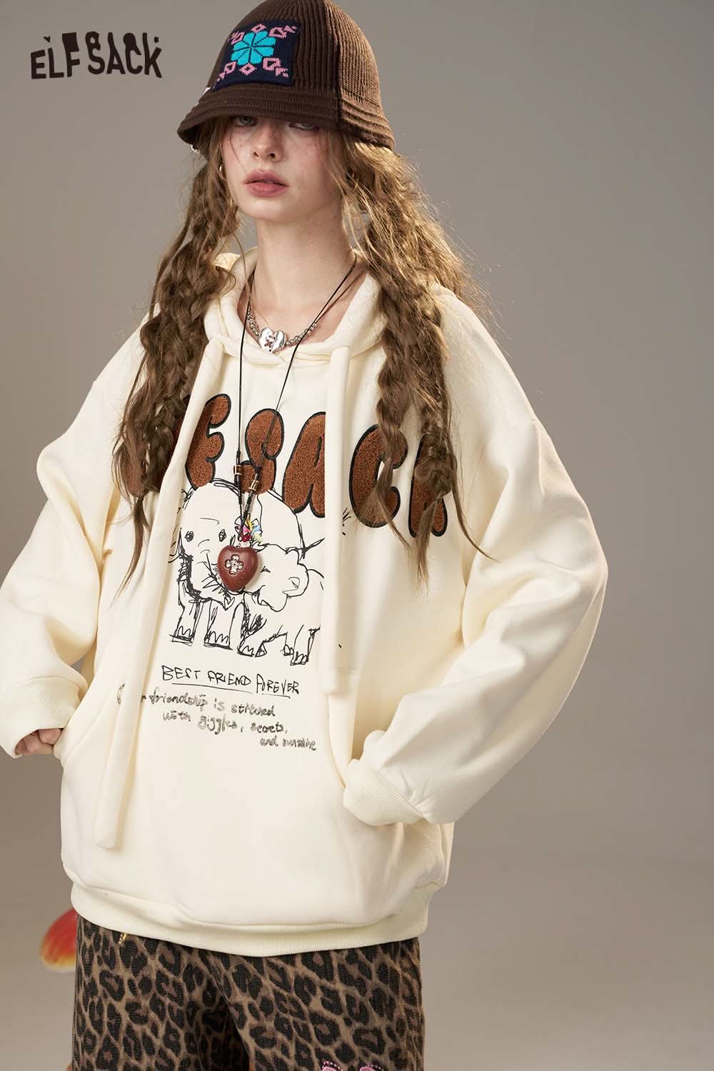 ELFSACK cartoon elephant hooded sweatshirt in cream with playful graphic design for casual wear