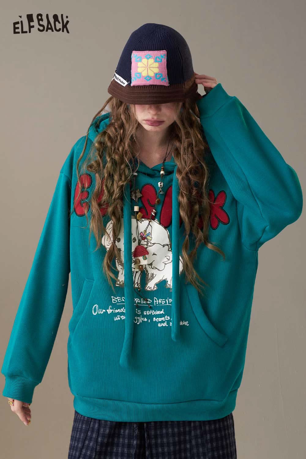 ELFSACK cartoon elephant hooded sweatshirt in turquoise with a playful design and relaxed fit