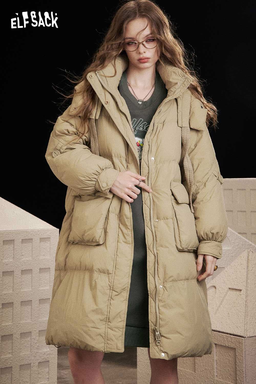 ELFSACK Cartoon elephant print hoodie dress paired with a stylish oversized puffer coat