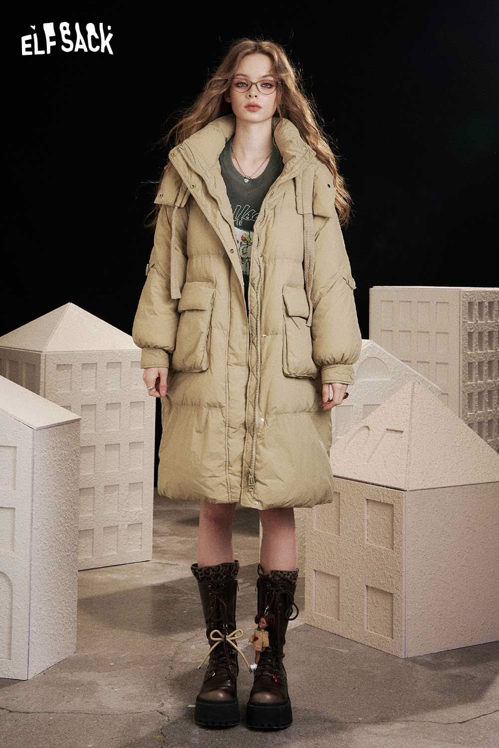 ELFSACK cartoon elephant print hoodie dress in beige with a stylish oversized fit for casual wear