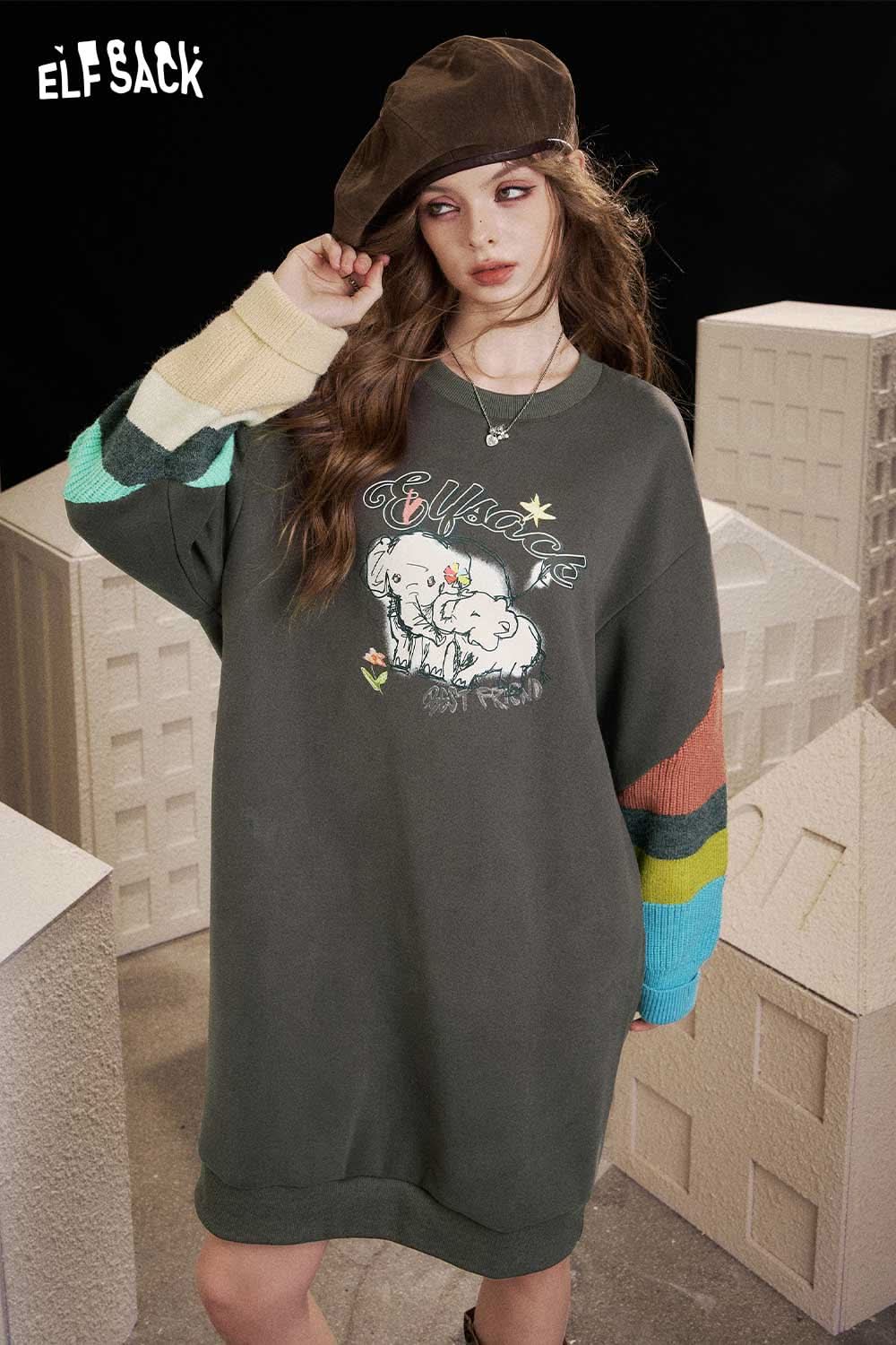 ELFSACK cartoon elephant print hoodie dress with colorful sleeves in a casual style
