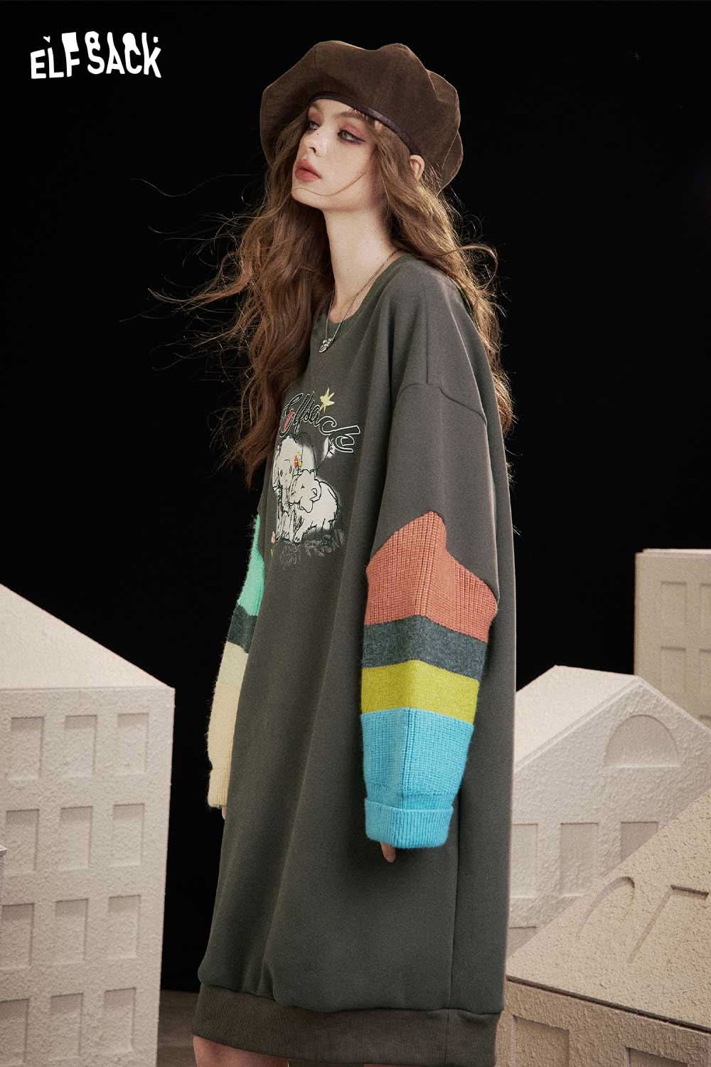 ELFSACK cartoon elephant print hoodie dress with colorful ribbed sleeves for a trendy and playful look