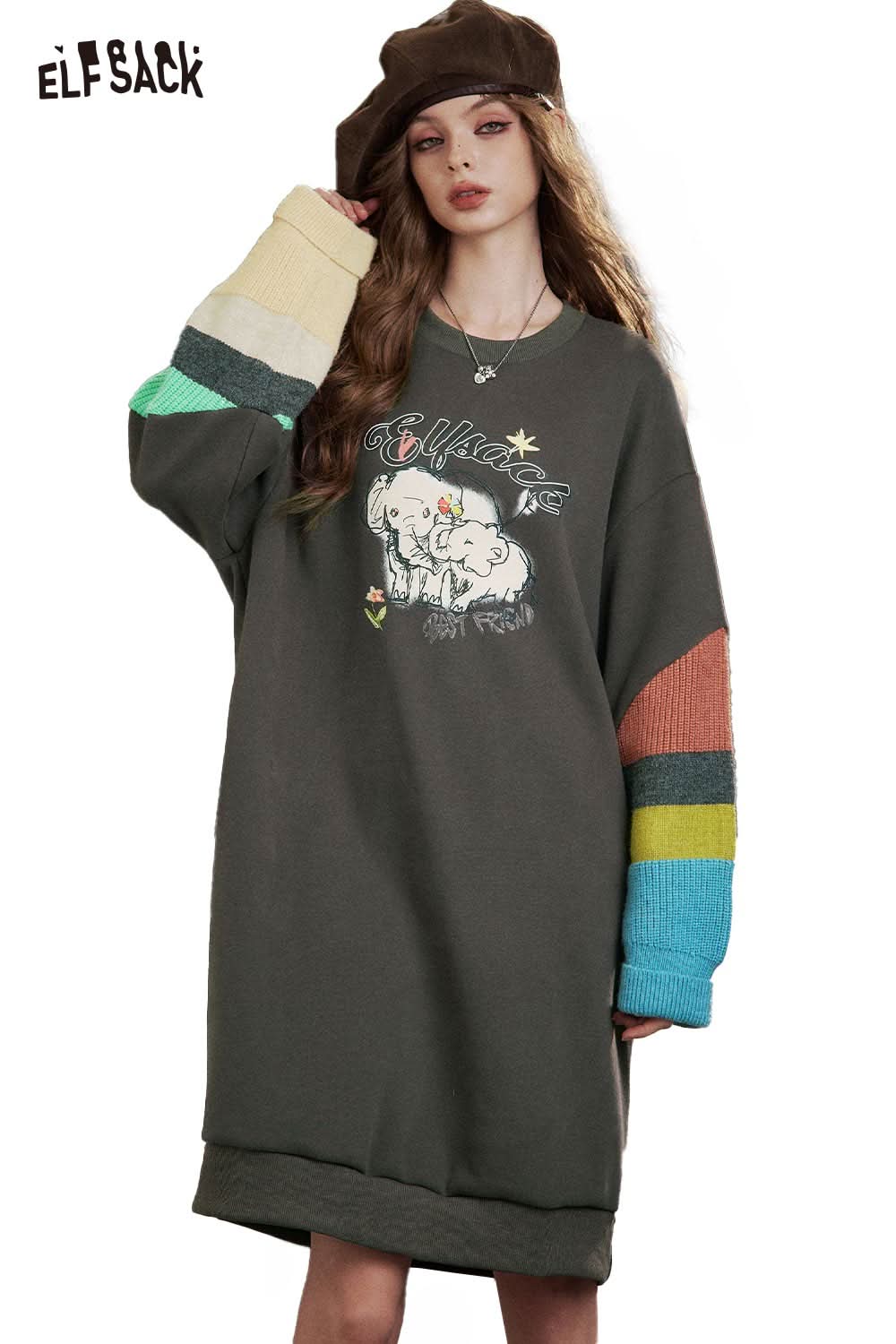 ELFSACK cartoon elephant print hoodie dress with colorful striped sleeves for a casual style