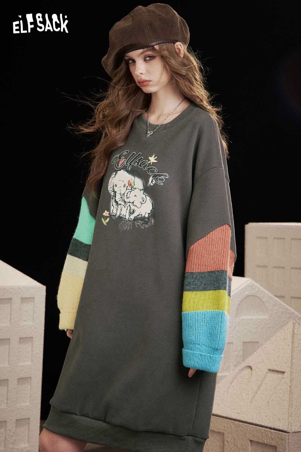 ELFSACK cartoon elephant print hoodie dress in dark grey with colorful sleeves and playful design