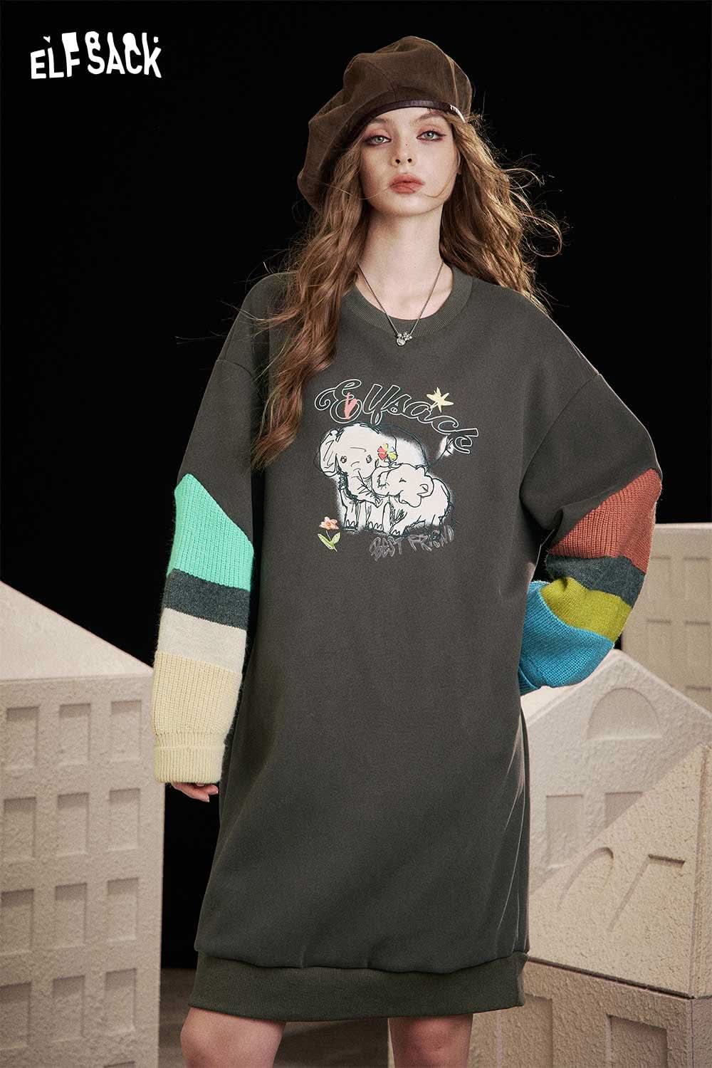 ELFSACK cartoon elephant print hoodie dress with colorful sleeves for a stylish casual look