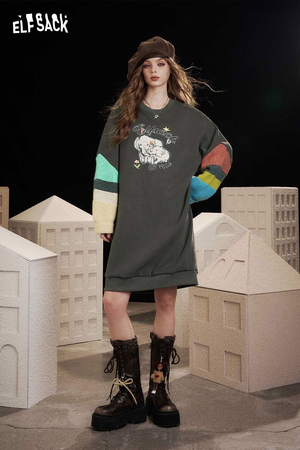 ELFSACK cartoon elephant print hoodie dress in gray with colorful sleeves, perfect for casual outfits
