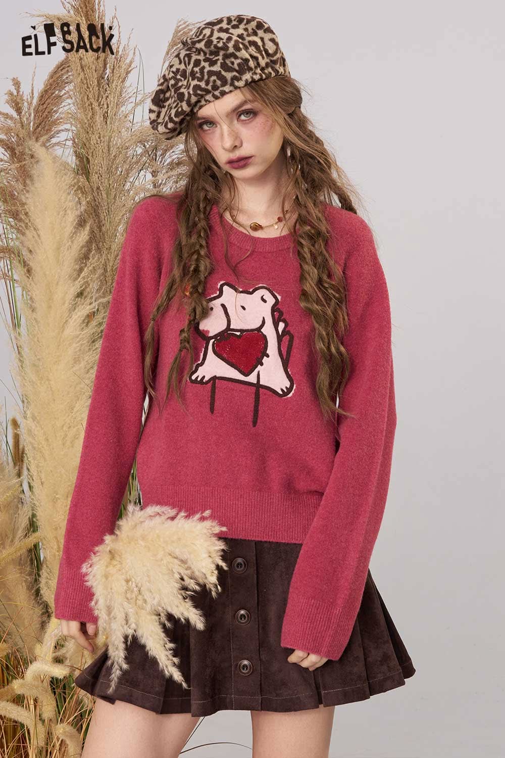 ELFSACK pink cartoon embroidery sweater featuring a cute graphic design, perfect for stylish layering