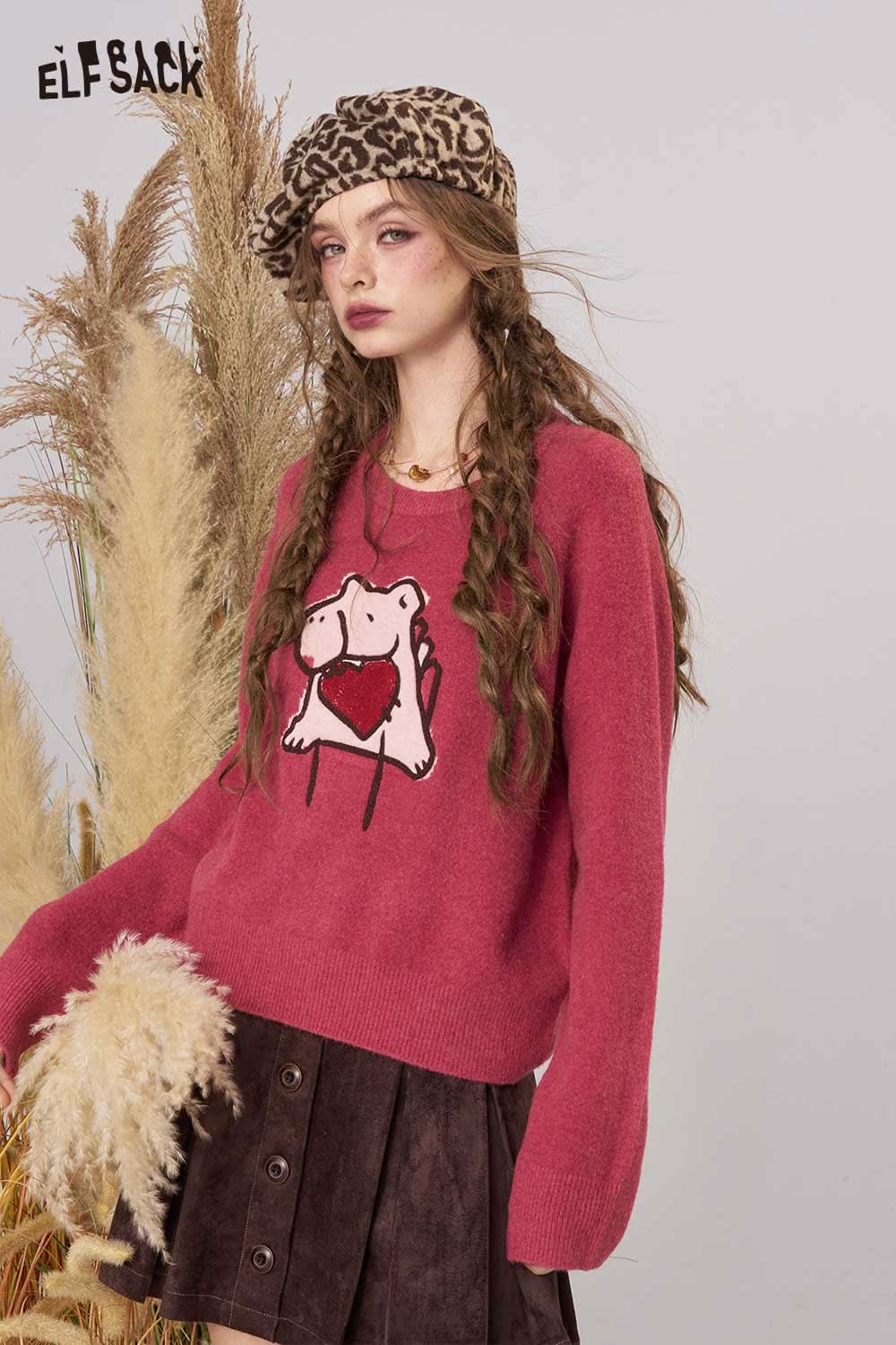 ELFSACK cartoon embroidery sweater in pink with playful heart design for stylish casual wear