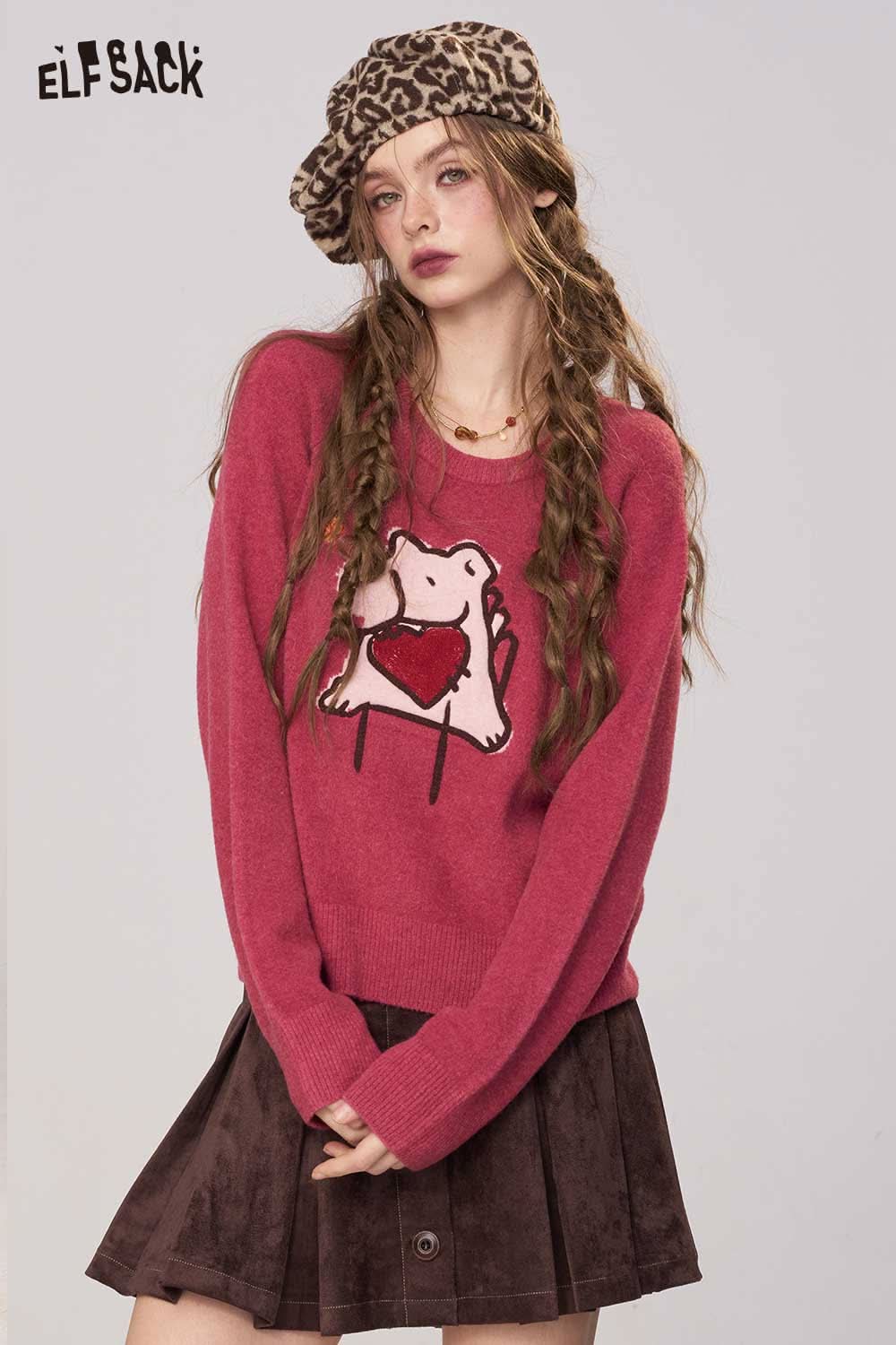 ELFSACK pink cartoon embroidery sweater featuring a cute heart design for a playful look