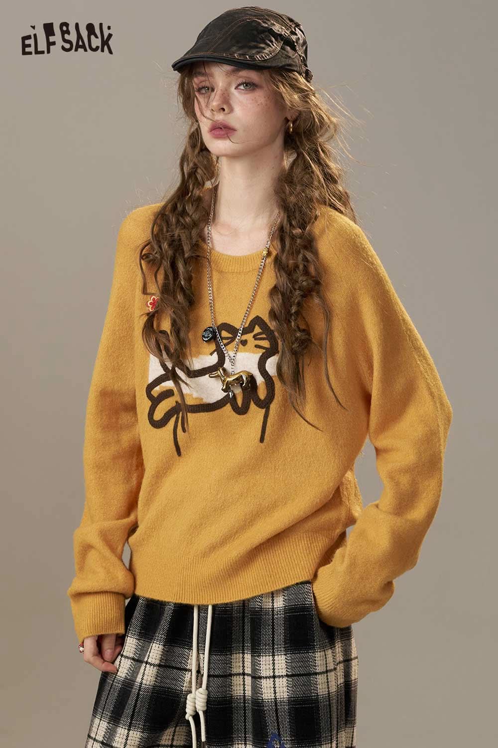 ELFSACK cartoon embroidery sweater in yellow featuring a playful design for a trendy look