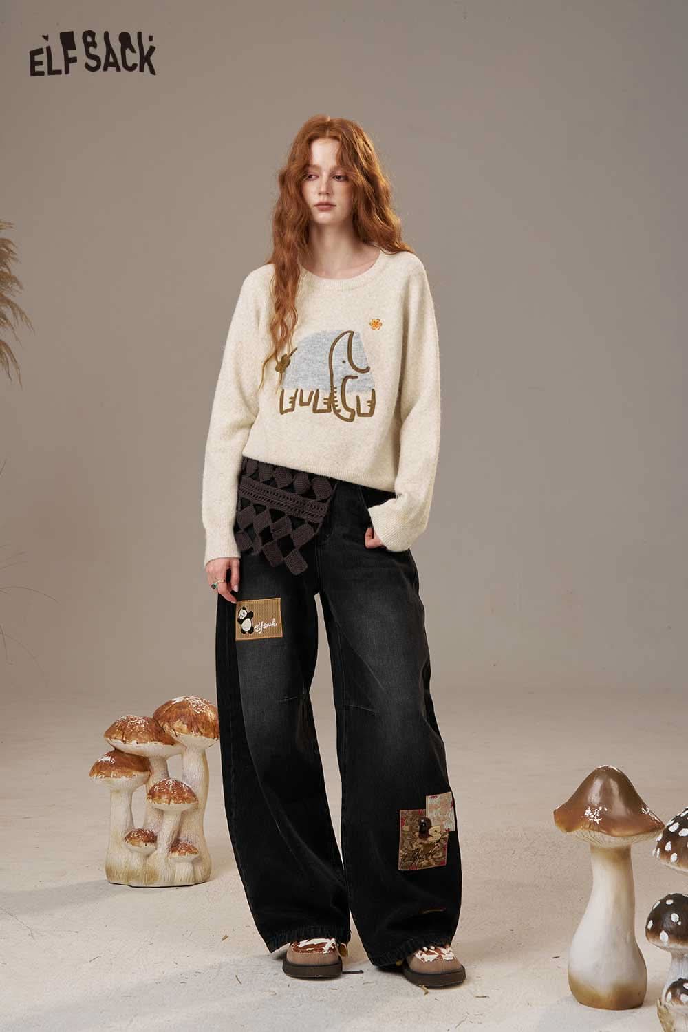 ELFSACK cartoon embroidery sweater featuring a playful elephant design on a cozy knit fabric