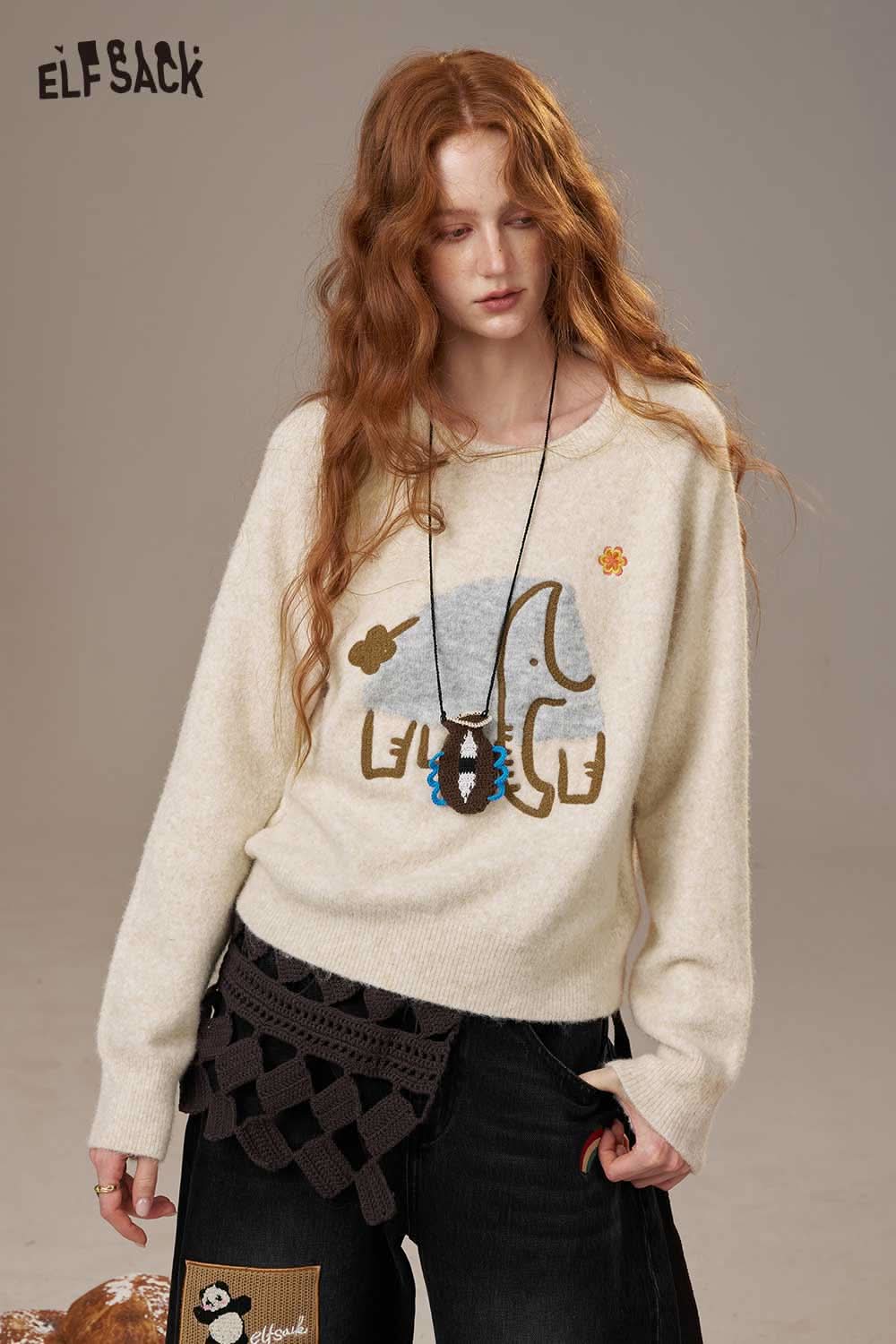 ELFSACK cartoon embroidery sweater in cream featuring playful animal design and soft fabric for cozy wear