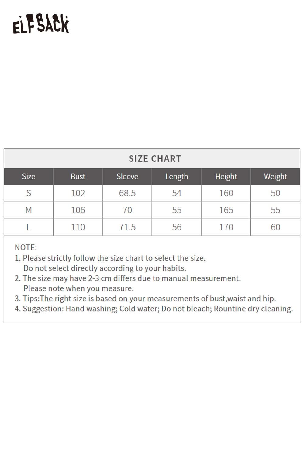 ELFSACK cartoon embroidery sweater in various sizes with a detailed size chart for perfect fitting
