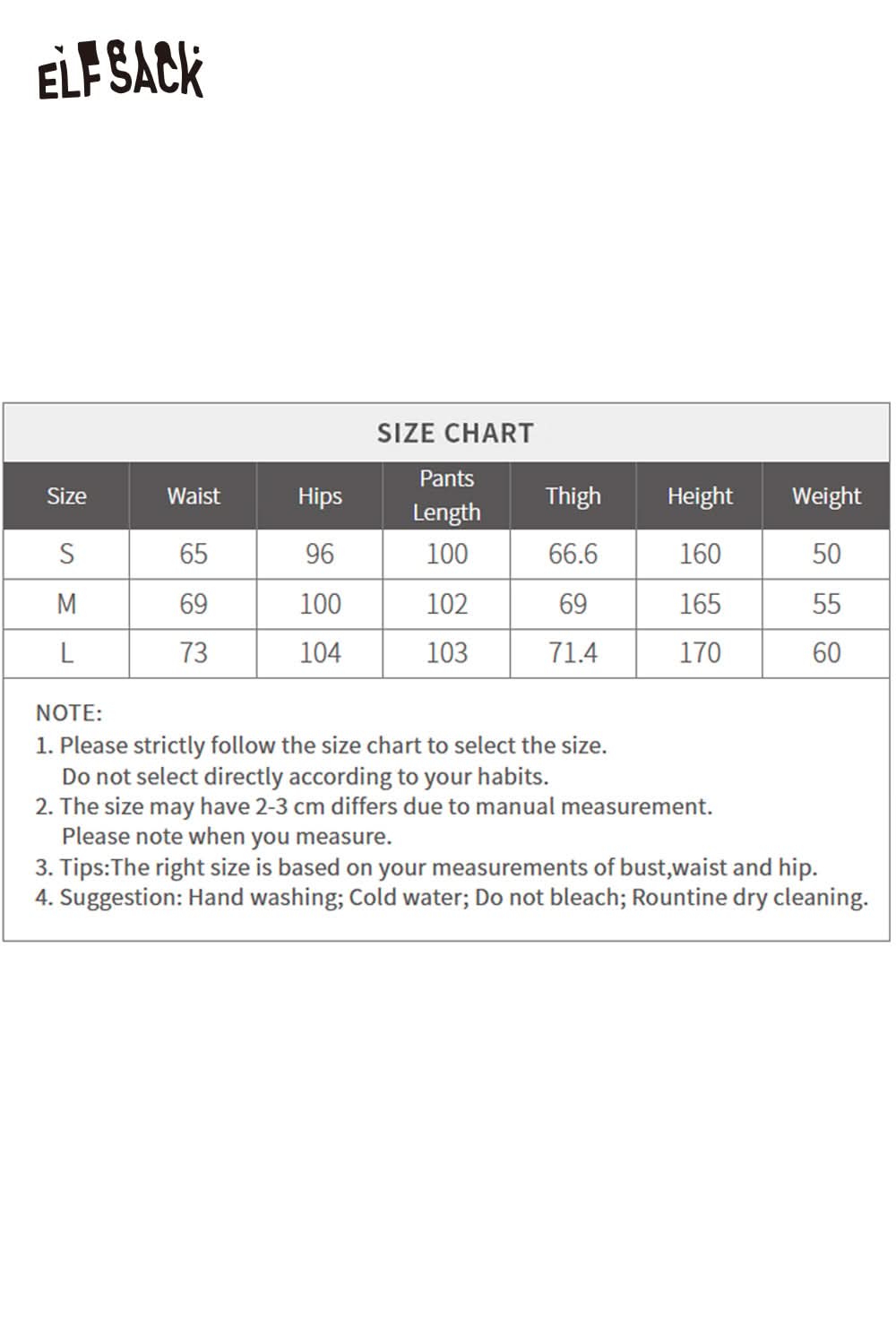 ELFSACK cartoon embroidery sweatpants for women in a size chart format with detailed measurements