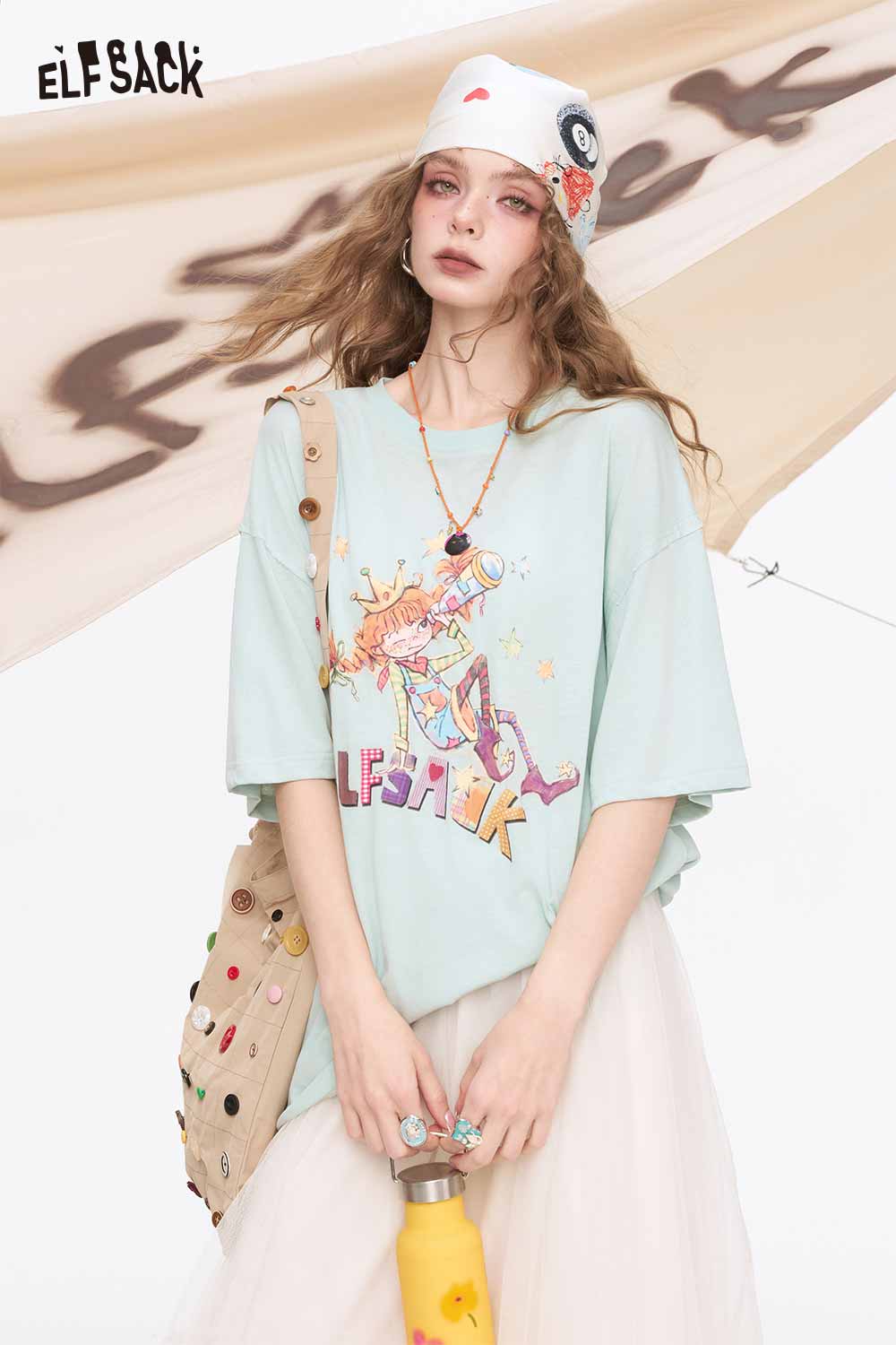 ELFSACK Cartoon Girl Print Oversized T Shirt
