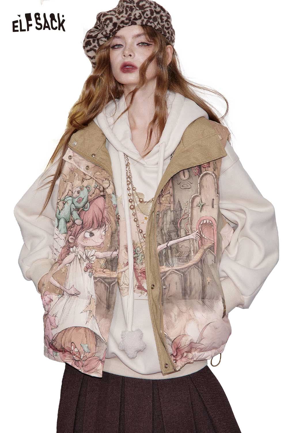 ELFSACK Cartoon Graphic Puffer Vest with Unique Art Design and Cozy Hooded Layering